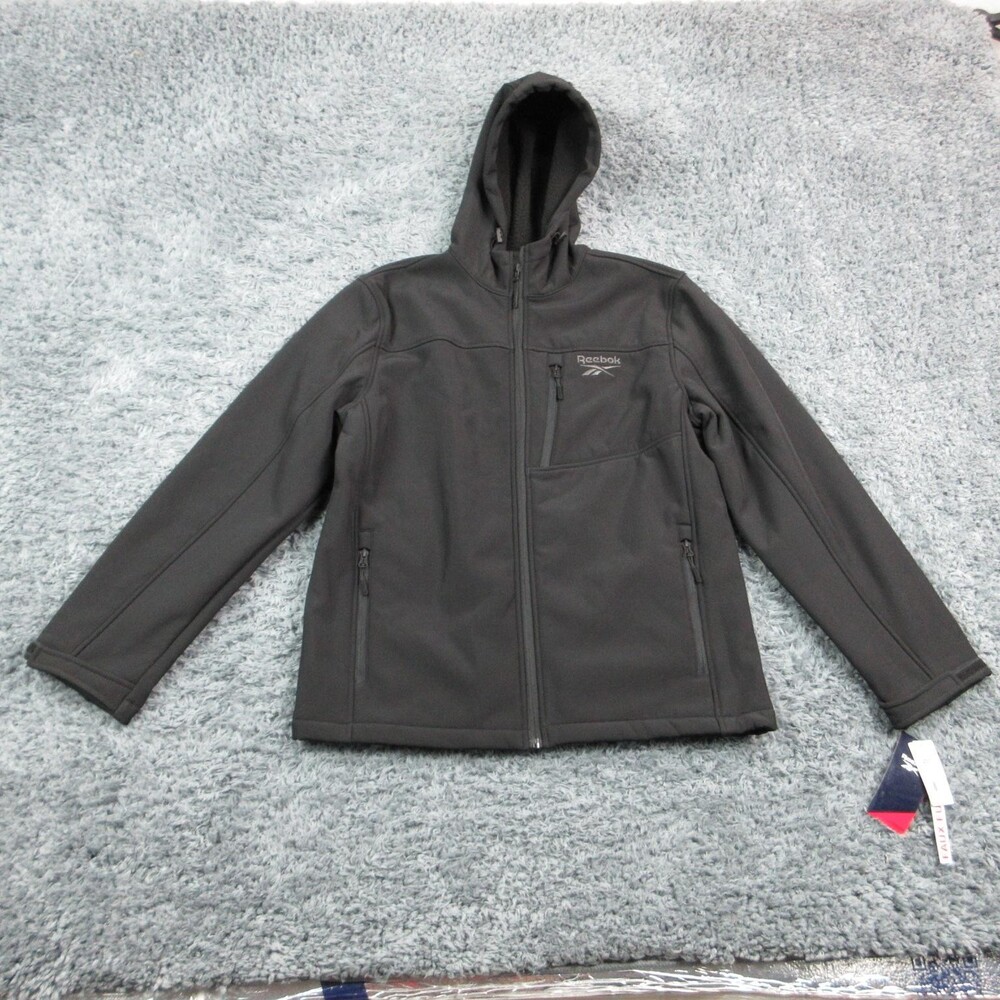 Reebok Jacket Mens L Black Hooded Faux Fur Lined Full Zip Soft Shell NWT